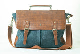 A brown and blue handbag.